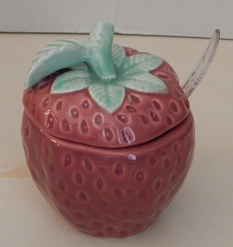 Ceramic Strawberry Glazed Jam Jelly Jar W/ Lid And Spoon Ladle No Markings